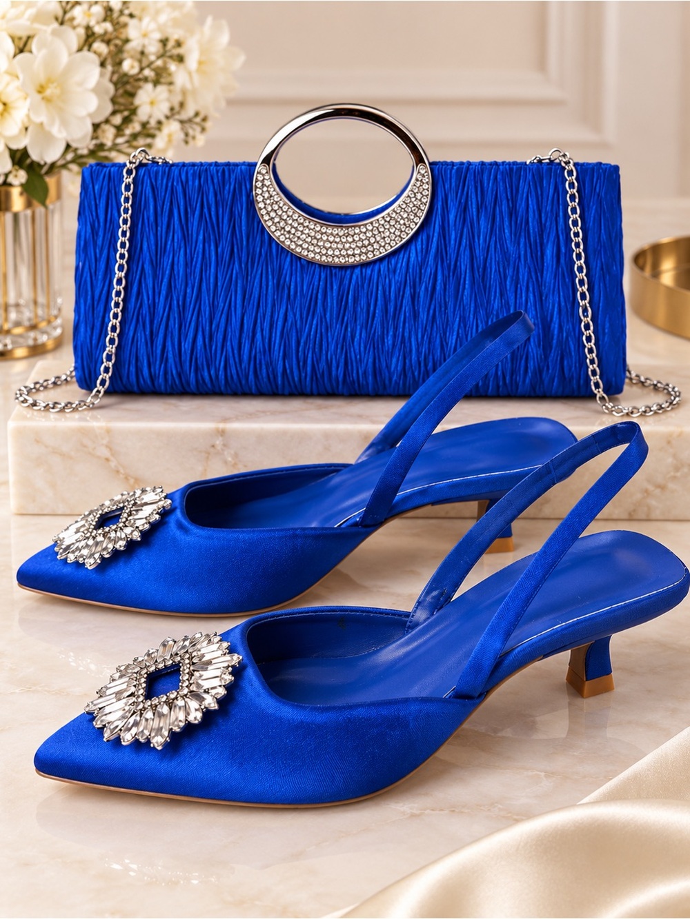 Chic Set:Royal Blue Satin Slingback Heels with Embellished Clutch & Mini Handbag
